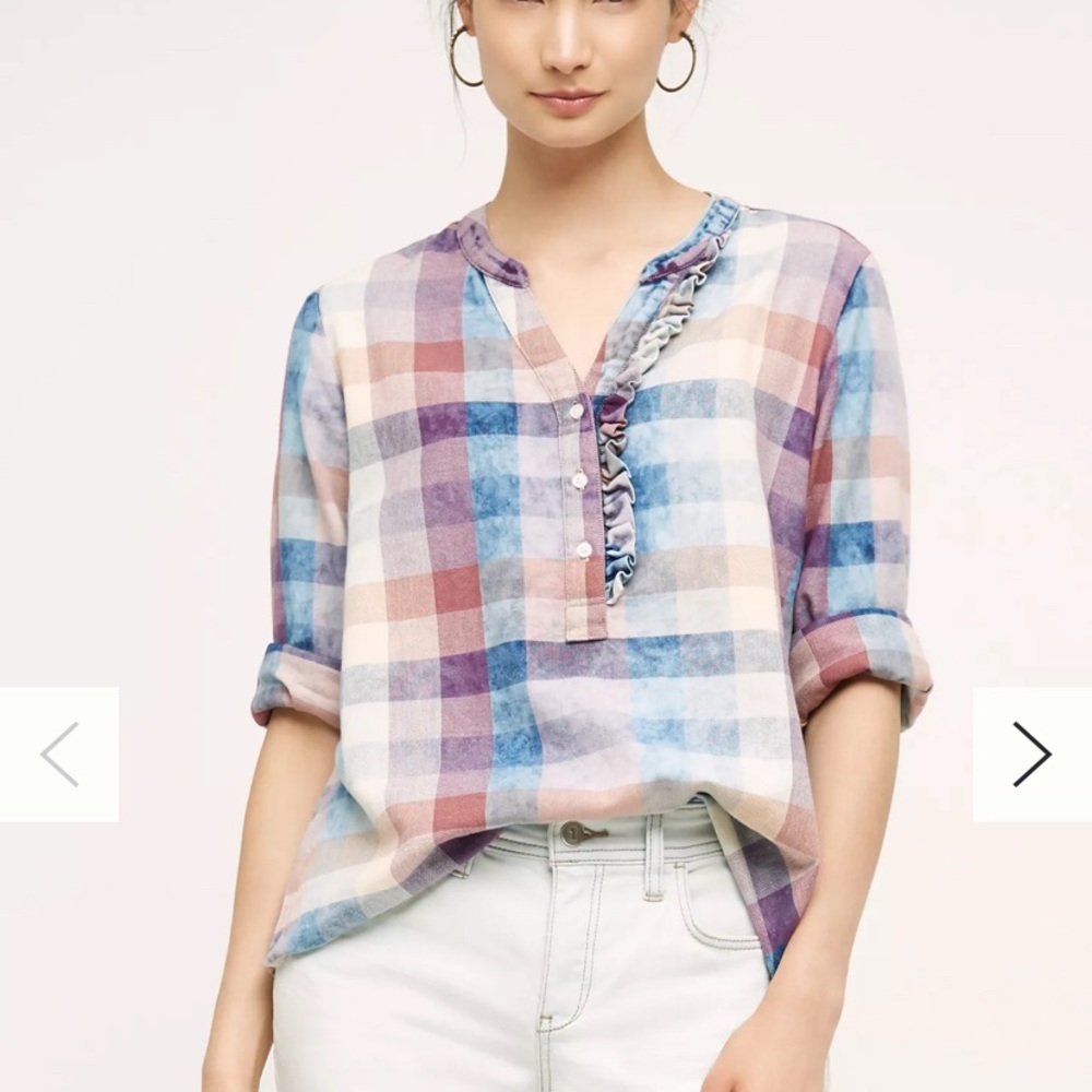 Anthropologie Ruffle Henley Top Purple Blouse with Mandarin Collar